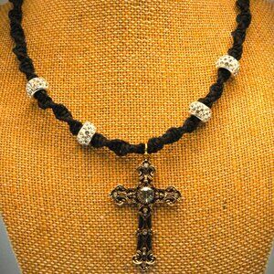 Antique Style Gold-Toned Cross Rhinestone on a 16 1/4" Handmade Black Hemp Chain